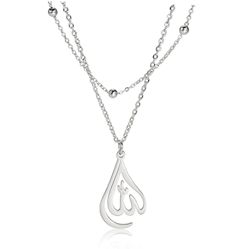 UNIFT Islamic Muslim Allah Layered Necklaces For Women Stainless Steel Charm Water Drop Heart Shape Allah Pendant Double Layer Necklace Islamic Jewelry - color: silver