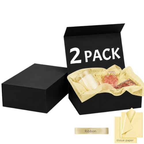 ROSYVA 2 Pack Black Gift Boxes with Lids, 12 x 8 x 4.5 Inch Boxes with Ribbon for Groomsmen gifts, Magnetic Gift Boxes for Presents, Wedding, Birthday, Bridal Party and Holiday Gifts - color: Black-2 pack