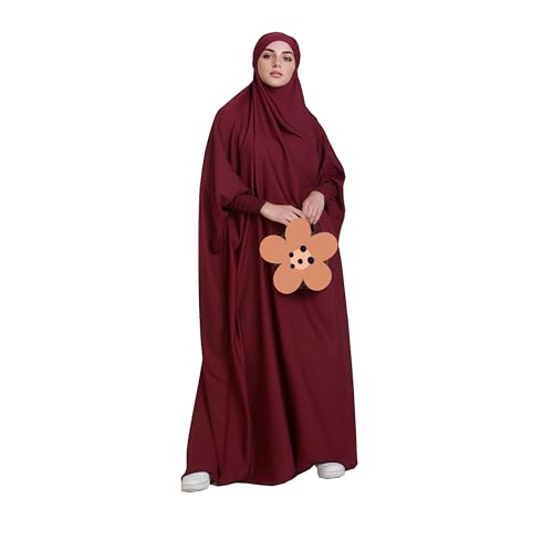 Muslim Prayer Abaya Women Jilbab with Hijab Maxi One-piece Kaftan - color: Wine Red