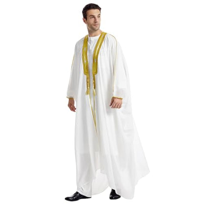FYMNSI Men's Robe Muslim Clothes Kimono Loose Abaya Dresses Long Sleeve Embroidered Chiffon Kaftan Casual Formal Dubai Thobe - color: White, size: Large