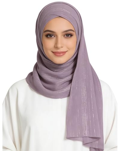 JUMISEE Sparkly Rhinestone Hijab Scarf for Women Glitter Wrinkle Chiffon Muslim Instant Hijab Long Scarves Head Wrap Shawls - color: Purple