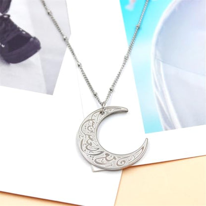 Stainless Steel Arabic Moon Pendant Necklace - Islamic Allah Symbol Jewelry for Men and Women - Religious Amulet Talisman Gift YA4979 - color: white moon pendant necklace