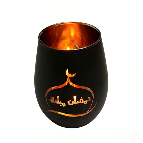 Ramadan Mubarak Decorations, Matte Black & Gold Glass Tealight Holders, Eid Mubarak Table Decor with Mosque Silhouettes, Luxury Islamic Home Decor & Gift for Ramadan Kareem