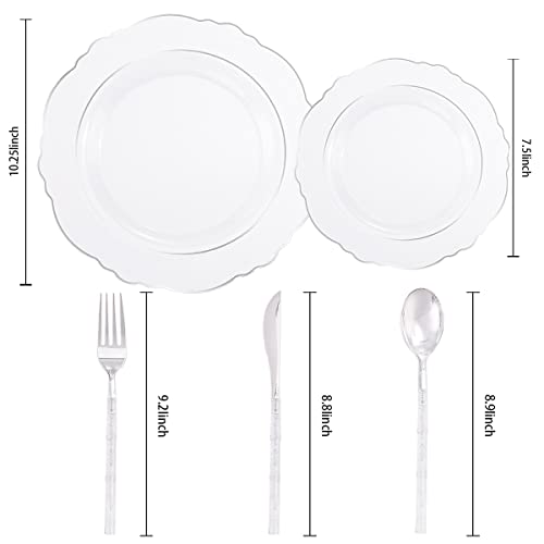 Liacere 150PCS Clear Silver Plastic Plates & Disposable Silver Plastic Silverware with Glitter Bamboo Handle Cutlery-Baroque Clear Disposable Plates for Wedding & Party - color: Silver, size: Baroque Style