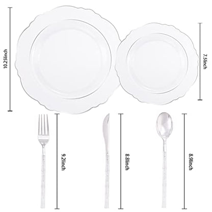Liacere 150PCS Clear Silver Plastic Plates & Disposable Silver Plastic Silverware with Glitter Bamboo Handle Cutlery-Baroque Clear Disposable Plates for Wedding & Party - color: Silver, size: Baroque Style