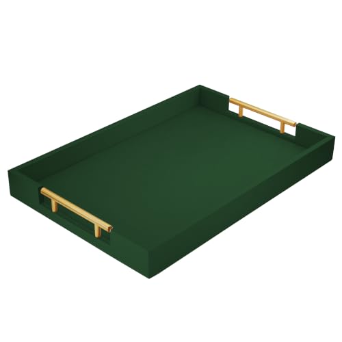 ATZYmolin 17"x12" Leather Serving Tray, Gold Handle Vanity Platter, Green - color: Green, size: 17" x 12" x 1.8"