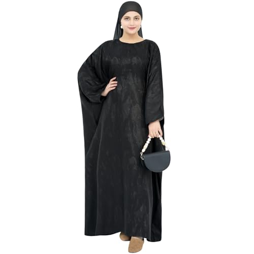 khalat Abaya Muslim Dress Women Satin Jacquard Prayer Dress Batwing Long Sleeve Islamic Dubai Robe with Chiffon Hijab - color: Black
