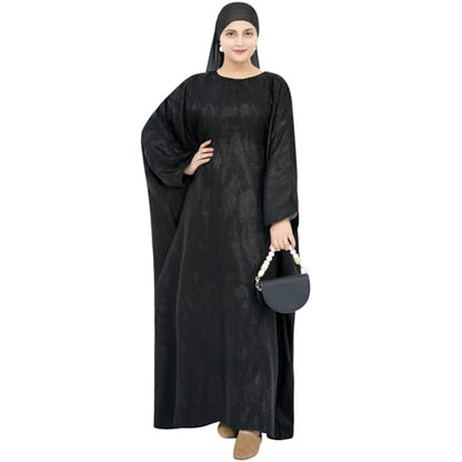 khalat Abaya Muslim Dress Women Satin Jacquard Prayer Dress Batwing Long Sleeve Islamic Dubai Robe with Chiffon Hijab - color: Black
