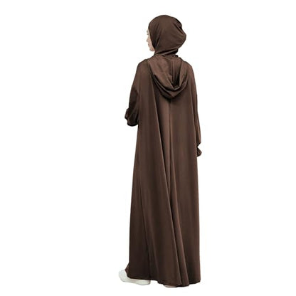 Muslim Hoodie Abaya Islamic Prayer Jilbab Maxi Robe with Inner Cap | Two-layer Cap, Prayer Abaya, Large Style - color: Dark Coffee