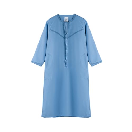 ITODA Embroidered Muslim Arabic Thobe Long Sleeve Kaftan Islamic Ramadan Prayer Robe - color: Blue