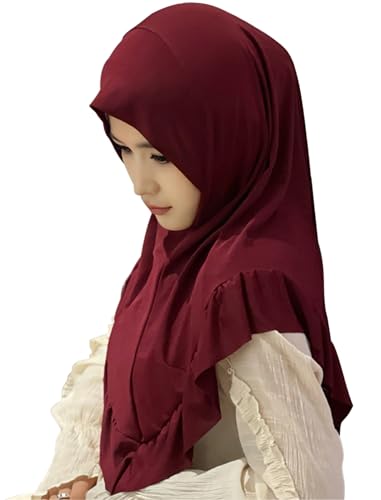 MioCloth Women One Piece Hijabs Elegant Ruffle Trim Soft Beanie Cap Turban Head Wrap Scarf Prayer Veils Headcover - color: Red