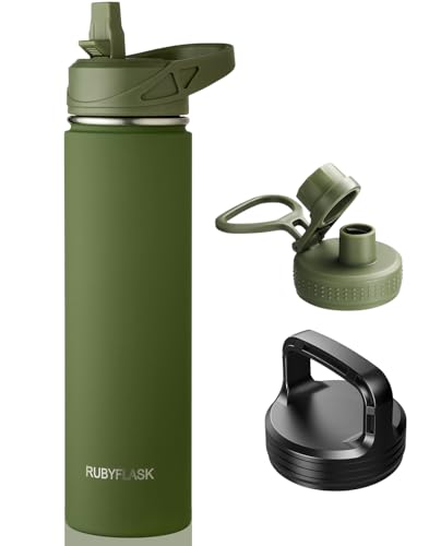 RUBYFLASK 24 oz Insulated Stainless Steel Water Bottle with Straw | 3 Lids, Wide Mouth, Metal Vacuum Leakproof Water Jug Flask and Handle, Large Thermal Cup, Armygreen - color: Army Green, size: 24 Ounces