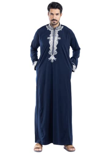 Men's Thoub Arabic thoub Long Sleeve Arab Thobe Embroidery Dress Full Length for Eid & Weddings - color: Navy Blue, size: 56