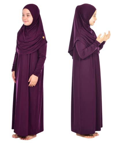 Prien Kids Prayer Dress Muslim Clothes for Girls Long Sleeve Abaya with Hijab Two Piece Maxi Islamic Set Scarf Kaftan Jilbab - color: Purple