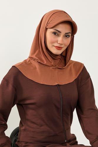 Aisha's Design Full Coverage Cotton Bonnet Hijab with Visor Modest Underscarf Bonnet - color: Caramel Brown