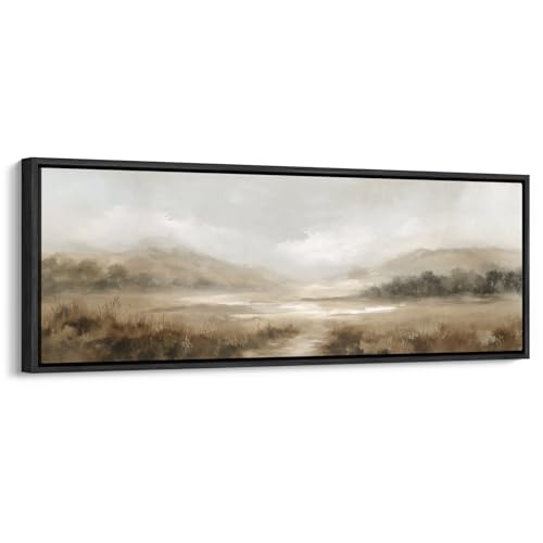 wall26 Large Framed Wall Art Canvas Print - Warm Brown Foggy Valley Wetland - Contemporary Artwork for Living Room Bedroom Office - 60"x20" Black - color: AS10-2606-YUK16, size: 60"L x 20"W, style: Black Frame