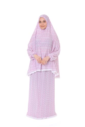 Islamic Dress for Women Prayer Clothes for Muslim Women 2 Piece Set Maxi Skirt with Hijab and Rosary Printed Dress - color: Pink