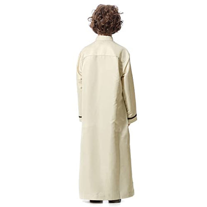Boy's Muslim Arab Islamic Kaftan Embroidered Robe Solid Color Thobe Islamic Arabic Abaya Ethnic Dress With Pockets - color: Beige Stripe, size: 5-6 Years