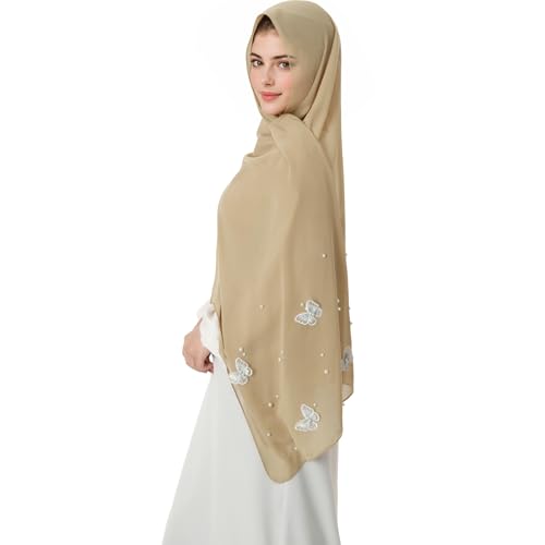 Muslim Prayer Hijab for Women Lightweight Pearl Chiffon Scarfs 3-D Butterfly Embroidery with Glitters Beads Islamic Hijab - color: Khaki