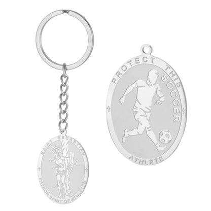 Dreamtimes St. Sebastian Medal Keychain for Men Women Stainless Steel Religious Saint Patron of Athletes Catholic Keychain - style: Soccer-s