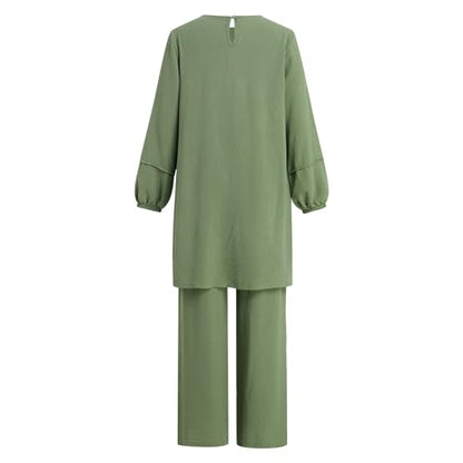 Abayas Dress For Women Muslim Long Sleeve Loose Top Pants 2 Pcs Dubai Islamic Muslim Women Matching Sets - color: Sage Green Cc, size: X-Large