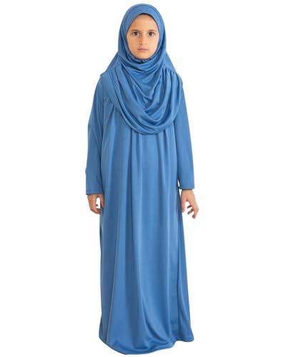 Prien Kids Prayer Dress Muslim Clothes for Girls Long Sleeve Abaya with Hijab Two Piece Maxi Islamic Set Scarf Kaftan Jilbab - color: Indigo