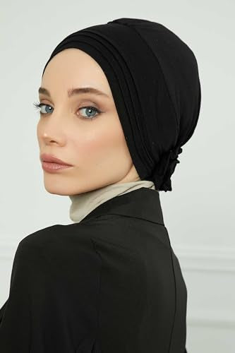 Aisha's Design Instant Turban Head Wraps for Women, Combed Cotton Scarf Lightweight Pre tied Hijab with Back Rose Detail - color: Black