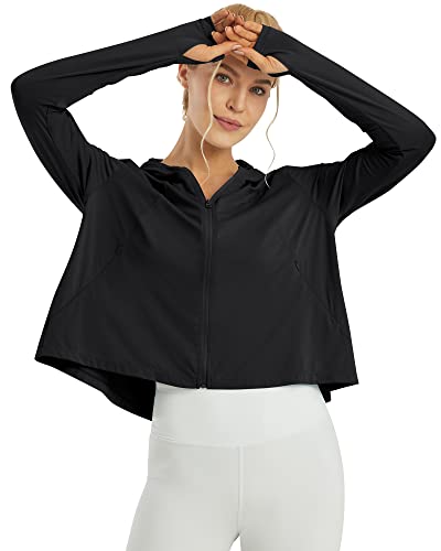 G4Free Skimetic Womens UPF 50+ Sun Hoodie Shirts - Quick Dry Running Jacket Long Sleeve Rash Guard Zip Pocket Hiking Athlete - color: Black, size: X-Small