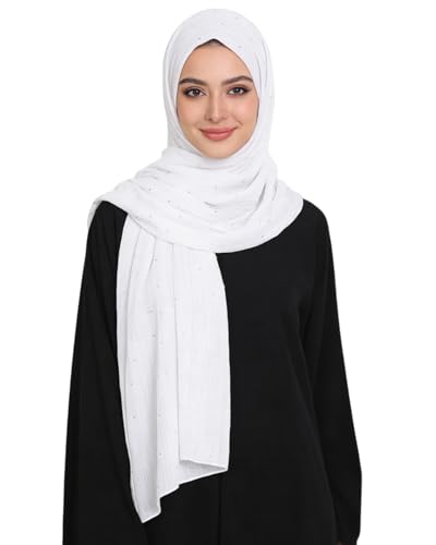 JUMISEE Sparkly Rhinestone Hijab Scarf for Women Glitter Wrinkle Chiffon Muslim Instant Hijab Long Scarves Head Wrap Shawls - color: White