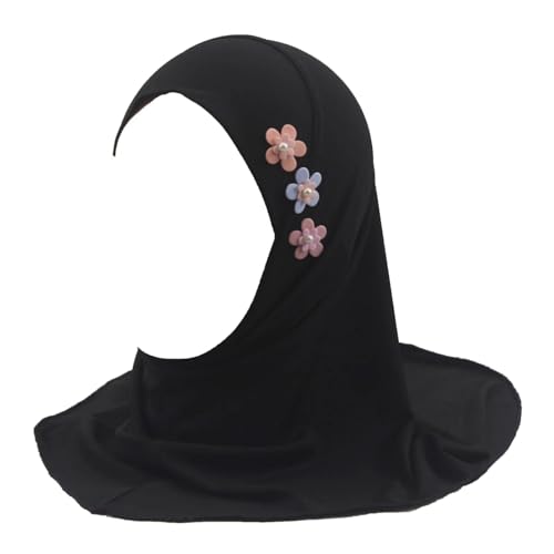 Girls Muslim Hijab Arab Scarf Islamic Headscarf for Kids with 3 Flowers - color: Black-3 Flowers