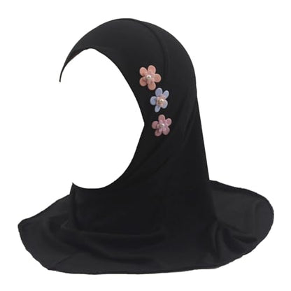 Girls Muslim Hijab Arab Scarf Islamic Headscarf for Kids with 3 Flowers - color: Black-3 Flowers