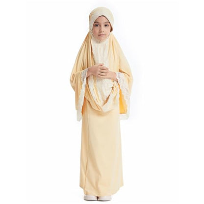 Girls Abaya Muslim Prayer Dress 2 Piece Maxi Sleeve Full Cover Lace Hijab Kaftan Tops Long Skirt Kids Soft Elastic - color: Light Yellow, size: 5-6 Years