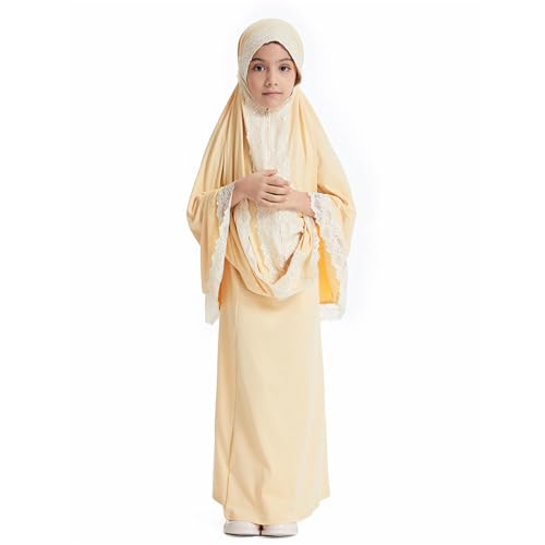 Girls Abaya Muslim Prayer Dress 2 Piece Maxi Sleeve Full Cover Lace Hijab Kaftan Tops Long Skirt Kids Soft Elastic - color: Light Yellow, size: 9-10 Years