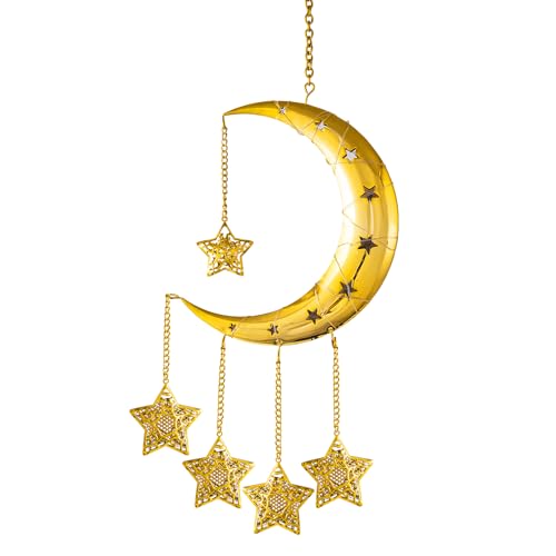 Ramadan Lights Home Decorations, Gold Metal Crescent Moon Hanging Star Lights, Battery Powered Wall Celestial Lamp, Eid Mubarak Bedroom Childrens' Room Window Door Decor, Islamic Muslim Gifts