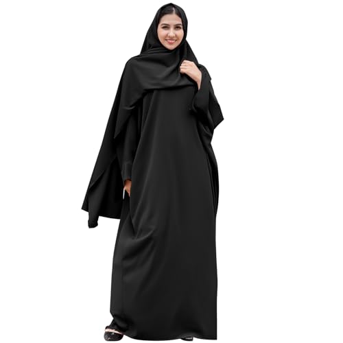 IDOPIP Abayas for Women Muslim Dress with Hijab, One-Piece Long Sleeve Islamic Prayer Dress with Khimar Jilbab Kaftan Clothes - color: Black + Hijab