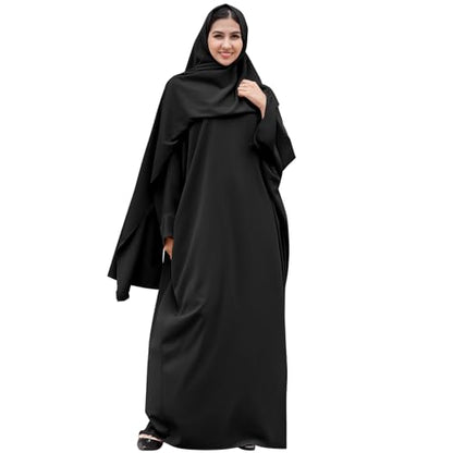 IDOPIP Abayas for Women Muslim Dress with Hijab, One-Piece Long Sleeve Islamic Prayer Dress with Khimar Jilbab Kaftan Clothes - color: Black + Hijab