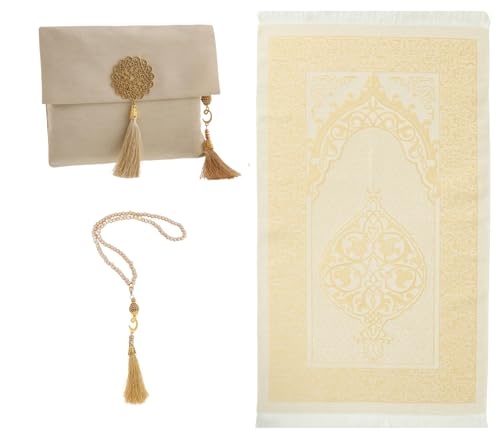 Prien Muslim Prayer Rug With Tasbih and Portable Bag, Muslim Gift For Women Men, Mubarak Islamic Box, Soft Mat Islam Gifts Set, Turkish Sajadah For Ramadan, Eid, Hajj, Travel, Pray (Brown) - color: Brown