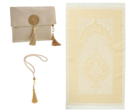 Prien Muslim Prayer Rug With Tasbih and Portable Bag, Muslim Gift For Women Men, Mubarak Islamic Box, Soft Mat Islam Gifts Set, Turkish Sajadah For Ramadan, Eid, Hajj, Travel, Pray (Brown) - color: Brown