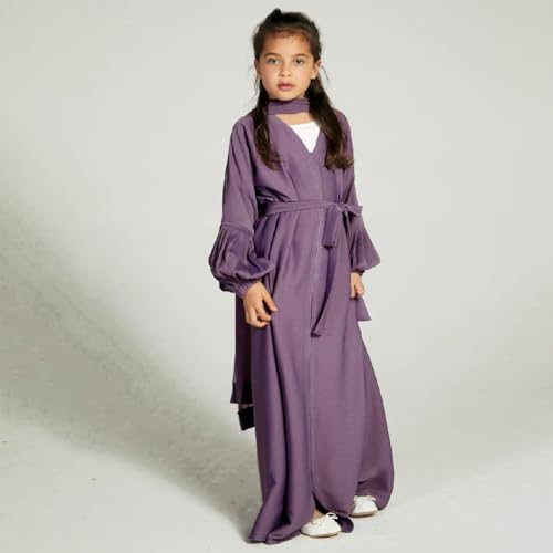 Kids Girls Muslim Abaya Long Sleeve Snap Front Maxi Dress with Belt Robe Kimono Dubai Hijab Dress - color: Purple B, size: 5-6 Years