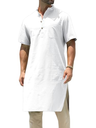 Mens Kurta Cotton Linen Henley Shirts Kaftan Short Sleeve Lounge Plain Gown Shirt - color: White, size: XX-Large