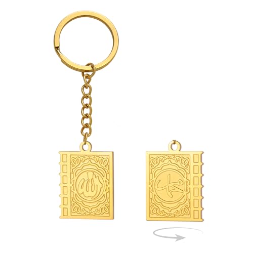 Islamic Keychain Double Sided Quran Book Muhammad Prophet Allah Keyring Arabic Muslim Jewelry Eid Ramadan Gift - color: Gold