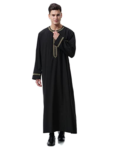 Thobe 남성용 무슬림 의류 카프탄 잘라비야 아바야 아랍 코스튬 라운드넥 긴소매 - color: 블랙-7., size: XL