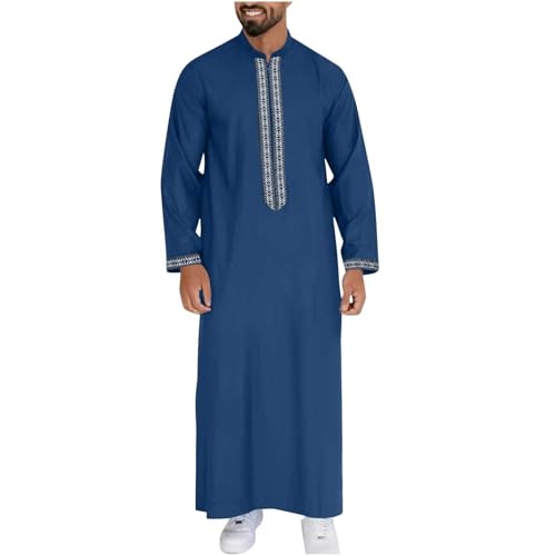 Mens Kaftan Thobe Side Split Long Sleeve Zipped Caftan Cotton Linen Hoodie Muslim Gown Casual Arabic Robe Kurta Tops - color: 07navy, size: 3X-Large