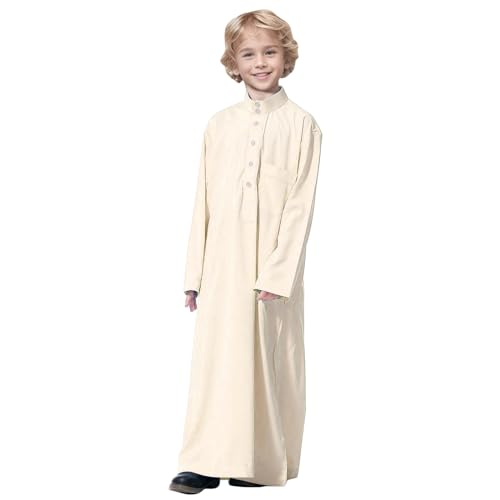 Arabic Thobe Muslim Thobe Long Sleeve Kaftan Crew Robe National Costume Teenage Boys Long Sleeve Embroidered Robe - color: Beige, size: 3-4T