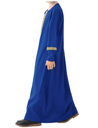WSPLYSPJY Long Sleeve Abaya for Girls Muslim Islamic Dresses Kids Printed Maxi Prayer Clothes Robe - color: Royal Blue, size: 13-14 Years