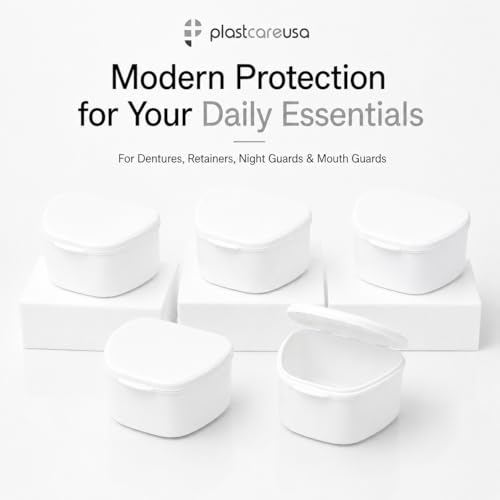 PlastCare USA White Denture Cases Pack of 5 - Dental Box For Artificial Teeth, Mouth Guard, Night Guard, Gum Shields, Retainer - Denture Bath Container for Women and Men - Travel Denture Cup - color: White