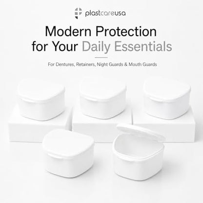 PlastCare USA White Denture Cases Pack of 5 - Dental Box For Artificial Teeth, Mouth Guard, Night Guard, Gum Shields, Retainer - Denture Bath Container for Women and Men - Travel Denture Cup - color: White
