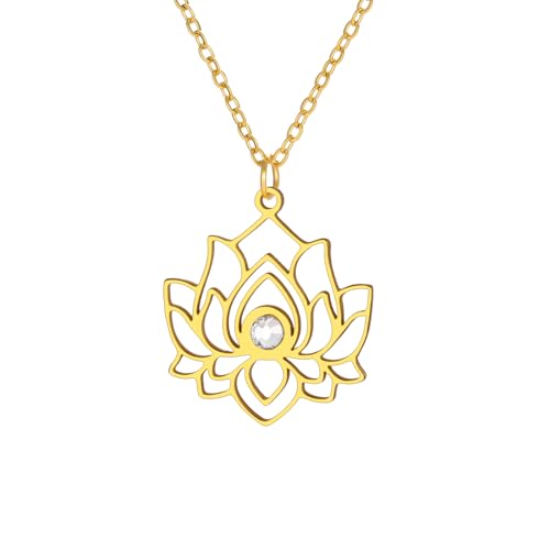 Dreamtimes Lotus Flower Charm Necklace for Women Yoga Lotus Protection Pendant Necklace Stainless Steel Inspirational Yoga Healing Unalome Symbol Amulet Buddha Yoga Jewelry - color: Gold