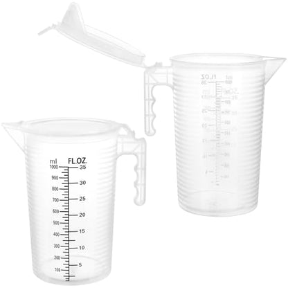 QWORK 2 Pack 32oz (1 Quart) Measuring Pitcher - Plastic, Multipurpose, Polypropylene, with Clear Ounce & Milliliter Markings, Dustproof Lid, for Cooking, Home Hobbies, Shop Oil and Fluids