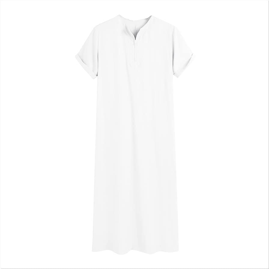 Mens Muslim Thobe Short Sleeve Crewneck Long Gown Casual Lightweight Breathable Big and Tall Robe Ethnic Clothes - color: White, size: Medium